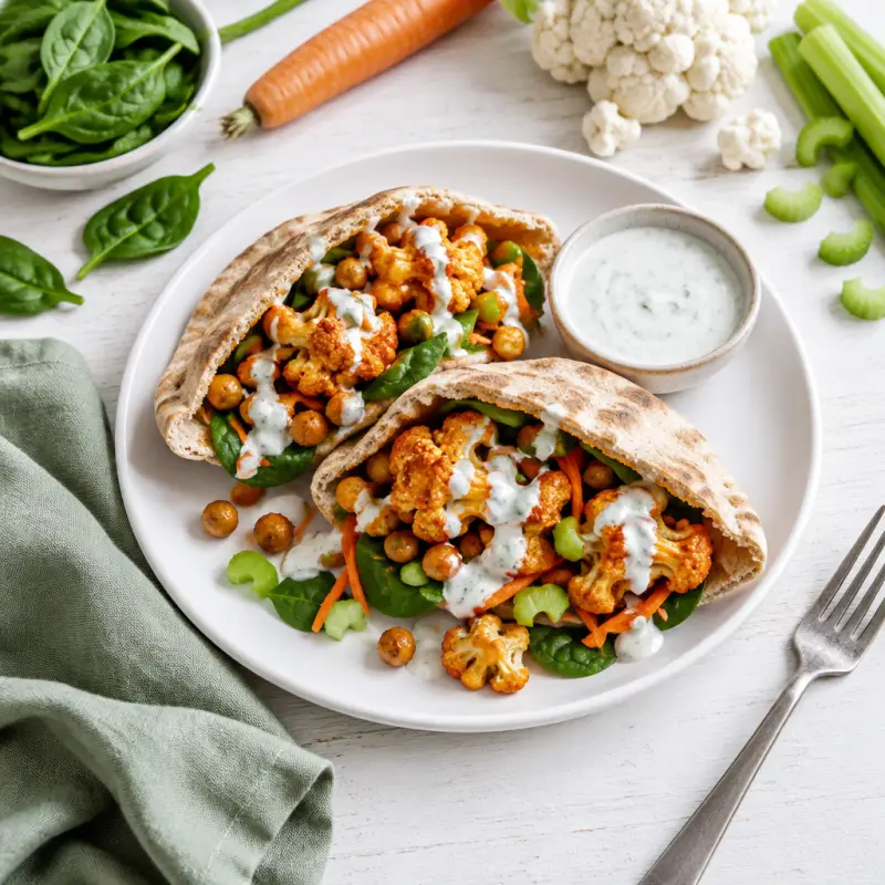 Buffalo Cauliflower & Chickpea Pita Pockets with Ranch Sauce, plated