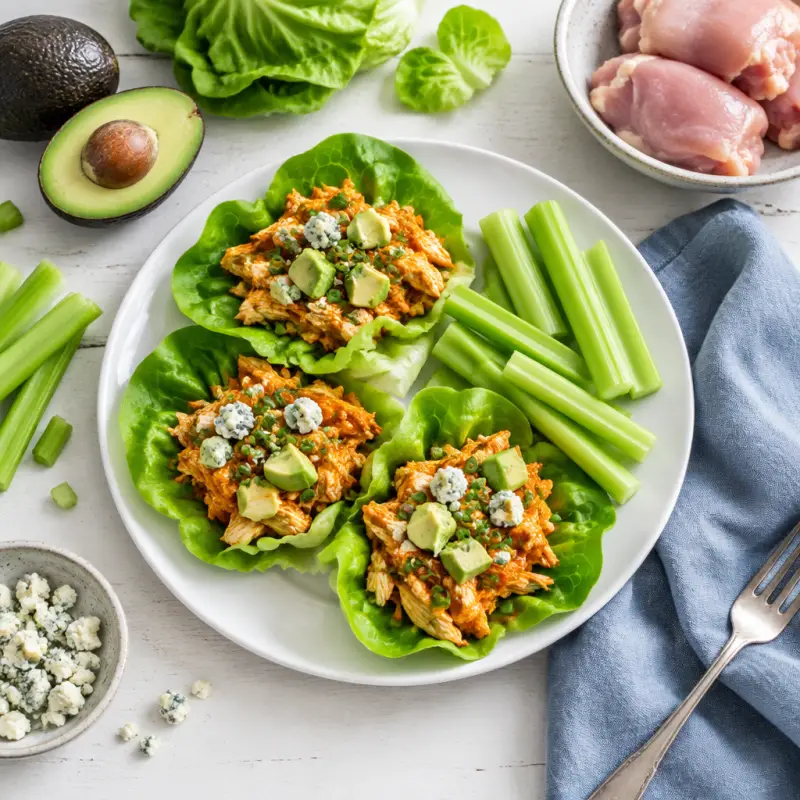 Buffalo Chicken Lettuce Wraps with Celery Sticks, plated