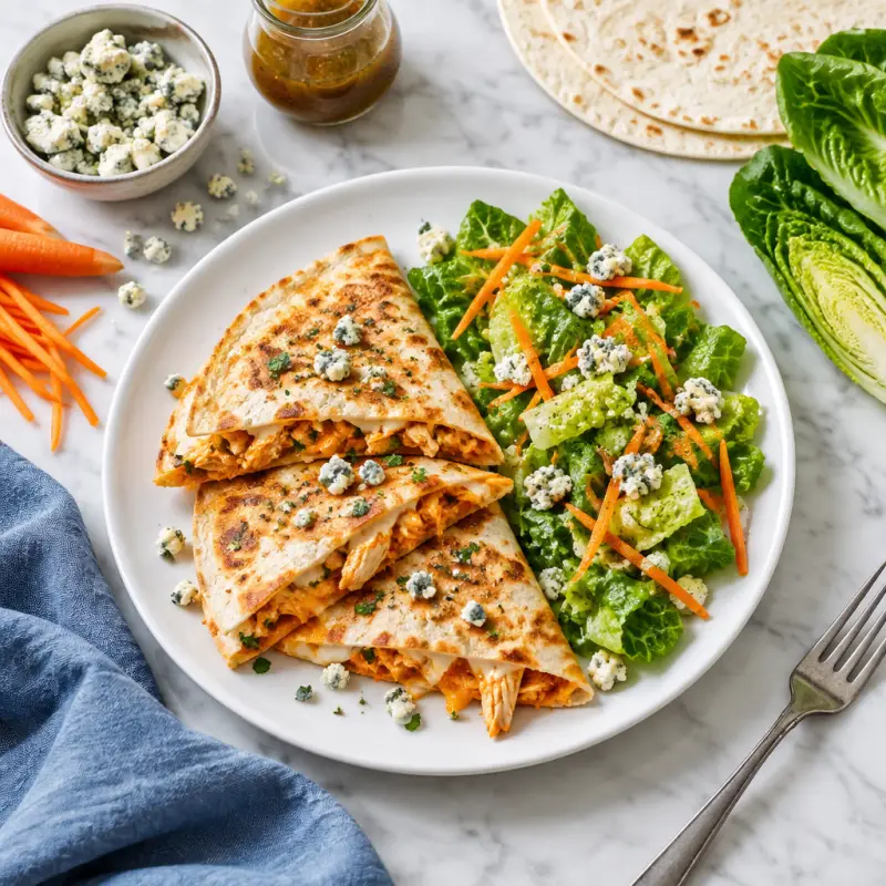 Buffalo Chicken Quesadilla with Blue Cheese & Carrot-Romaine Salad, plated