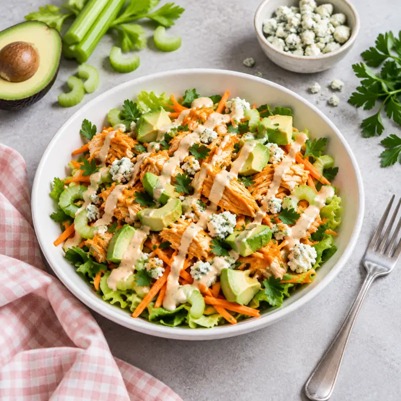 Buffalo Chicken Salad with Carrot, Celery, Blue Cheese & Spicy Ranch, plated
