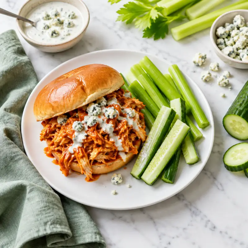 Buffalo Chicken Sloppy Joes with Blue Cheese, Celery & Cucumber Sticks, plated