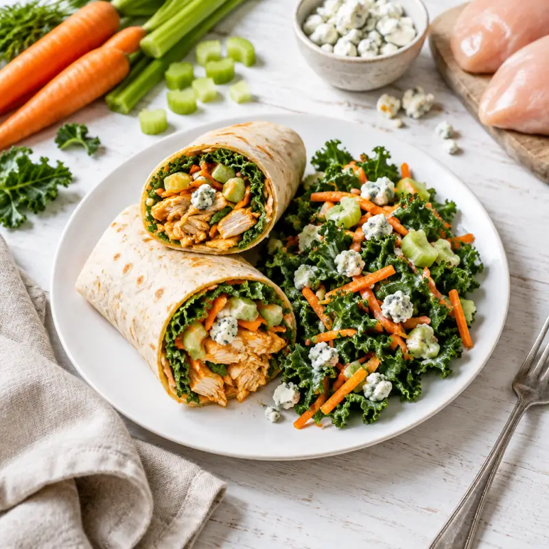 Buffalo Chicken Wraps with Kale, Carrot, Celery & Blue Cheese Salad, plated