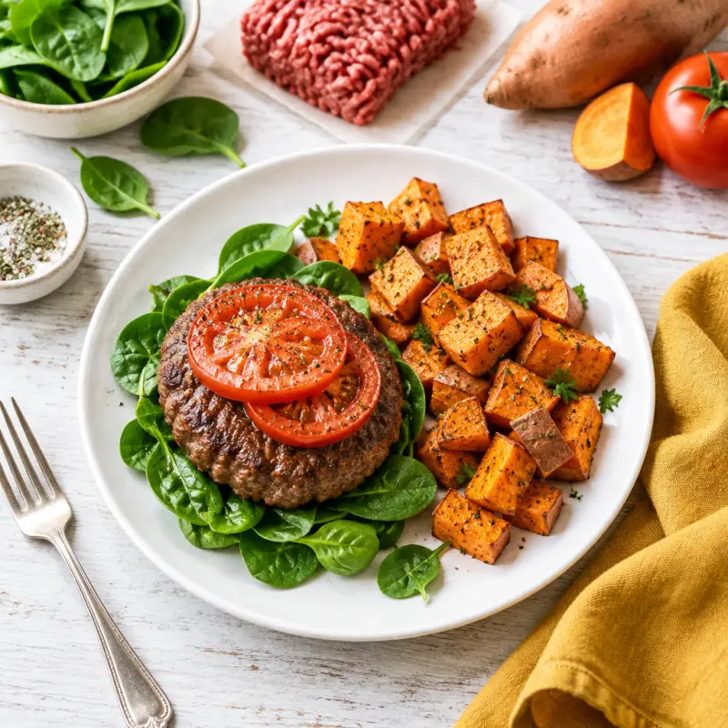 Bunless Beef Burgers with Sautéed Sweet Potatoes, plated