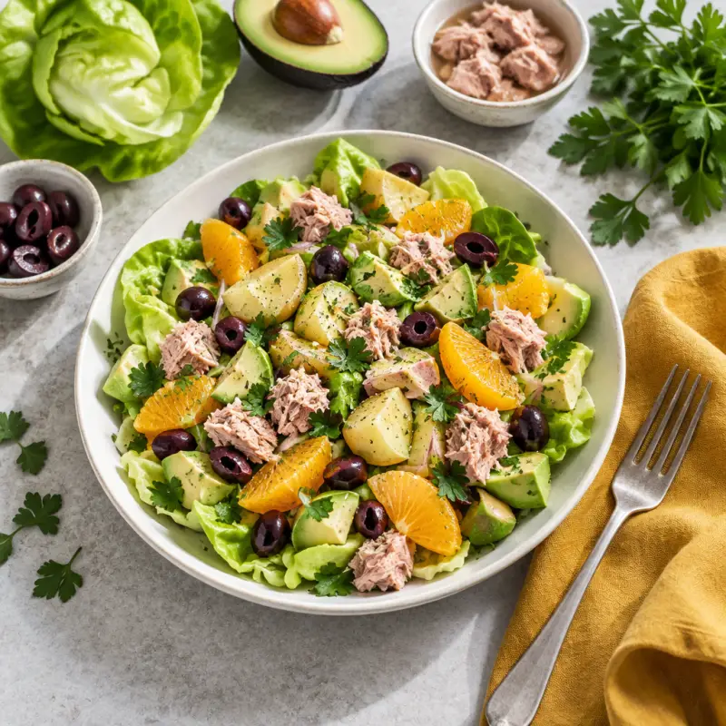 Butter Lettuce Salad with Tuna, Potato, Orange, Avocado & Olives, plated