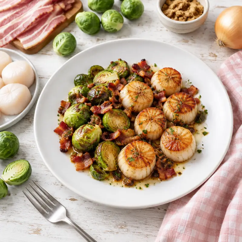 Buttered Scallops with Bacon & Brown Sugar Brussels Sprouts, plated