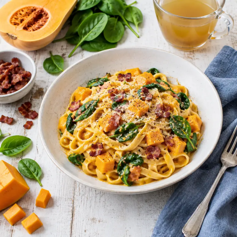 Butternut Squash Fettuccine with Bacon & Baby Spinach, plated