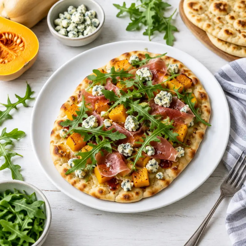 Butternut Squash, Prosciutto & Blue Cheese Flatbread with Arugula, plated