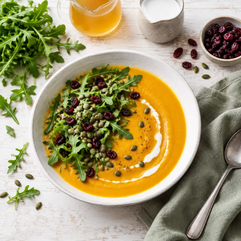 Butternut Squash Soup with Arugula, Cranberry & Pumpkin Seed Salad, plated