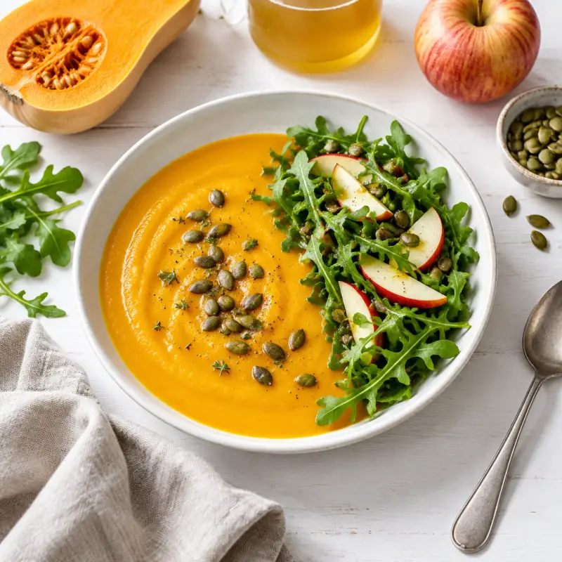 Butternut Squash Soup with Pumpkin Seeds & Arugula-Apple Salad, plated