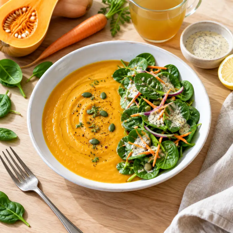 Butternut Squash Soup with Spinach Salad & Lemon Poppy Seed Dressing, plated