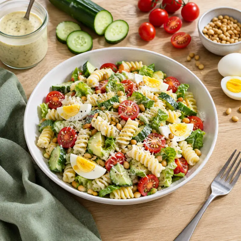 Caesar Pasta Salad with Tomatoes, Cucumber, Pine Nuts & Eggs, plated