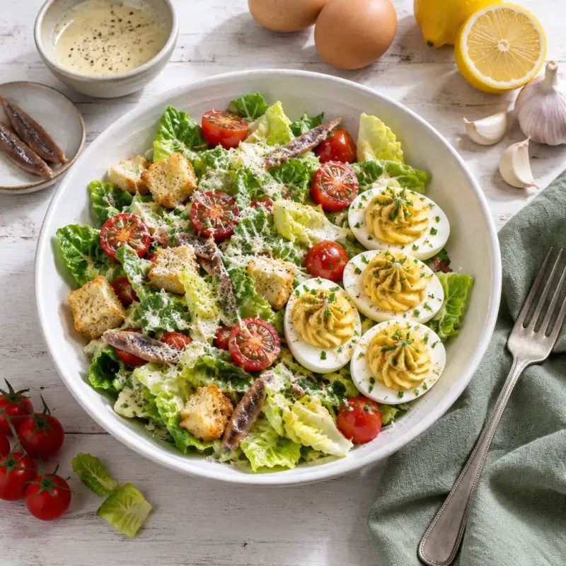 Caesar Salad with Tomatoes & Creamy Dijon Deviled Eggs, plated