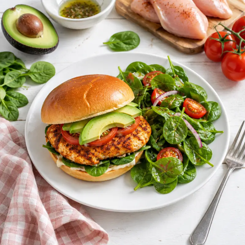 Cajun Chicken & Avocado Burger with Baby Spinach Salad, plated