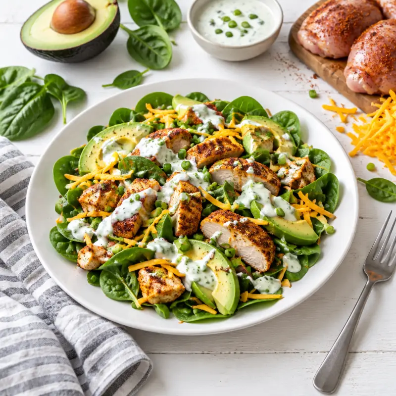 Cajun Chicken, Cheddar & Spinach Salad with Scallion-Yogurt Dressing, plated