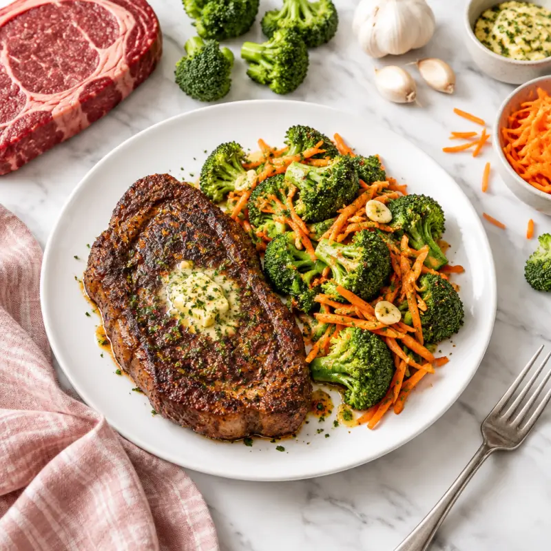Cajun-Spiced Steak with Garlic Butter Broccoli & Carrots, plated