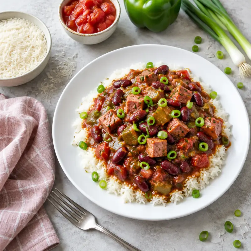 Cajun-Style Ham & Kidney Bean Stew over Rice with Green Onions, plated