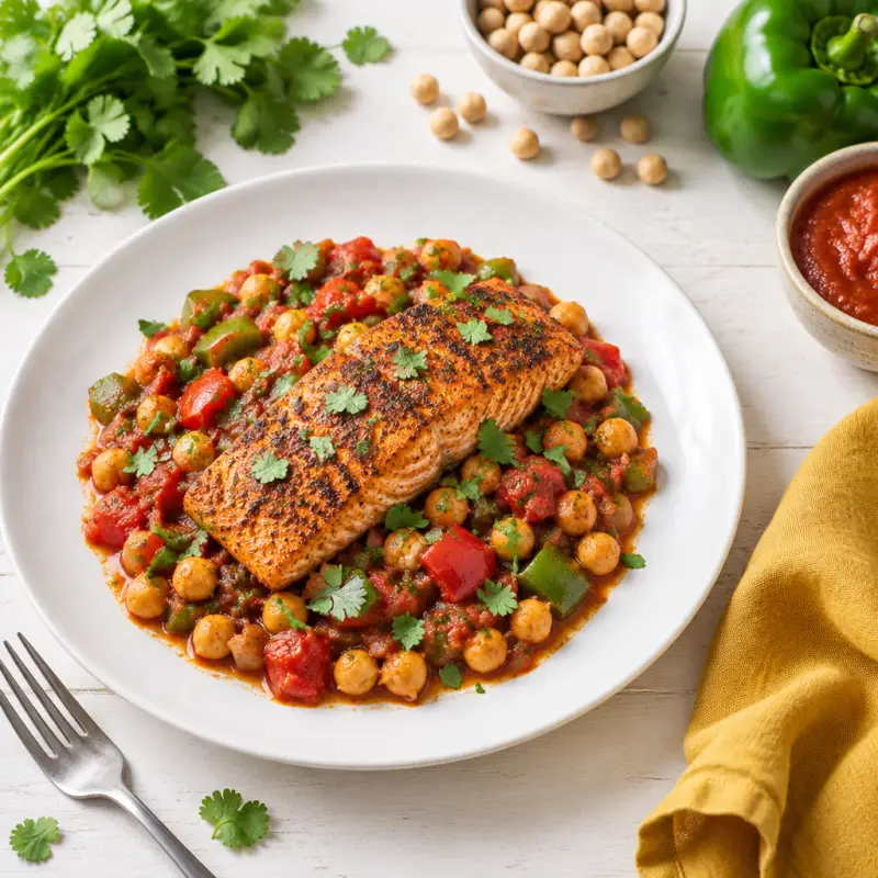 Cajun-Style Salmon with Saucy Chickpea, Tomato, Pepper & Cilantro Bake, plated