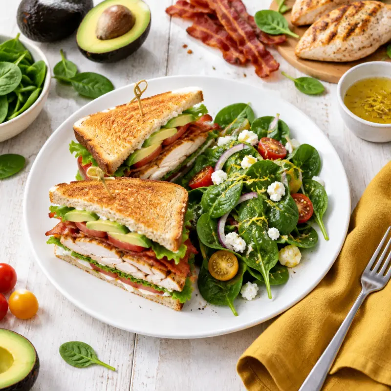 California Club Sandwich with Lemony Spinach Salad, plated