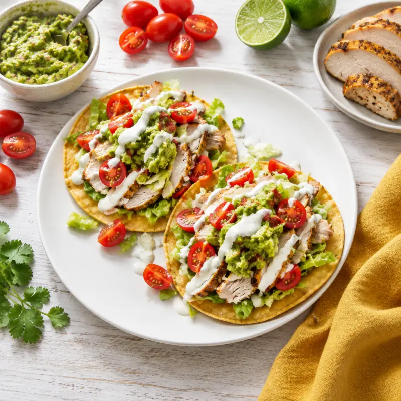 California Turkey Tostadas with Guacamole, Tomatoes & Ranch Dressing, plated