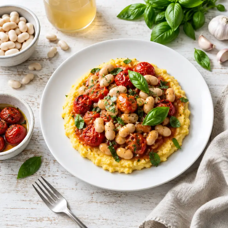 Cannellini Beans, Roasted Tomatoes & Basil over Polenta, plated