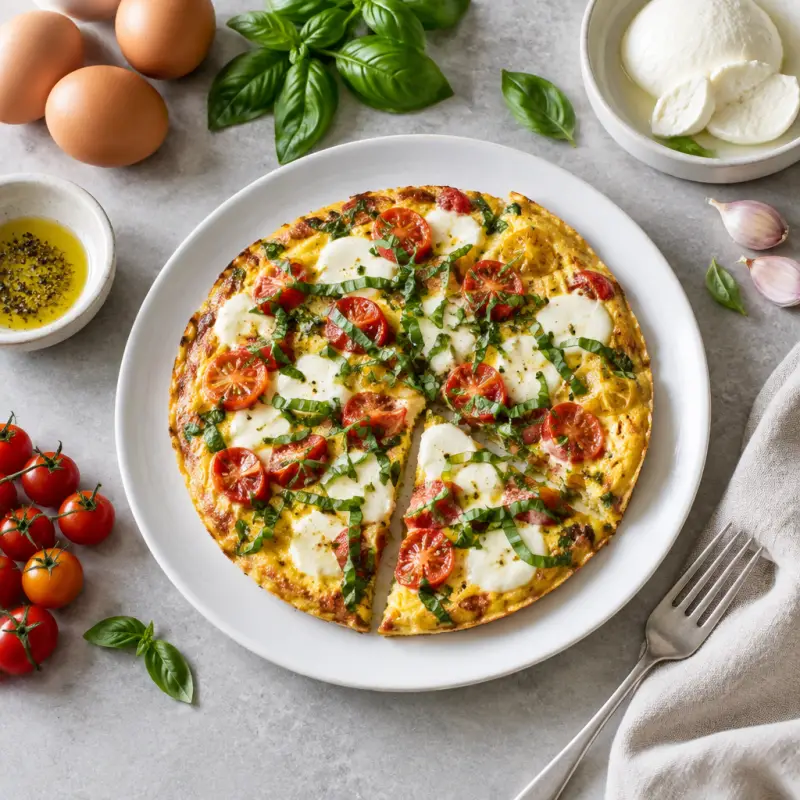 Caprese Frittata with Fresh Mozzarella & Basil Ribbons, plated
