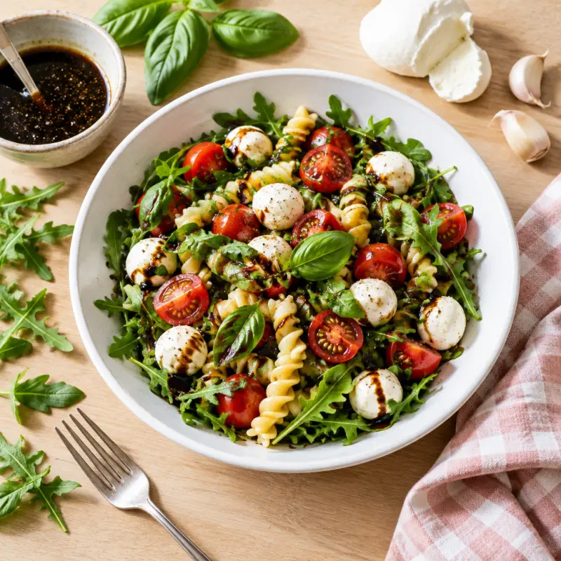 Caprese Pasta Salad with Arugula & Balsamic Vinaigrette, plated