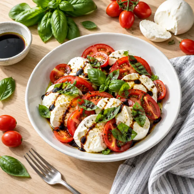 Caprese Salad with Fresh Mozzarella, Tomatoes, Basil & Balsamic, plated