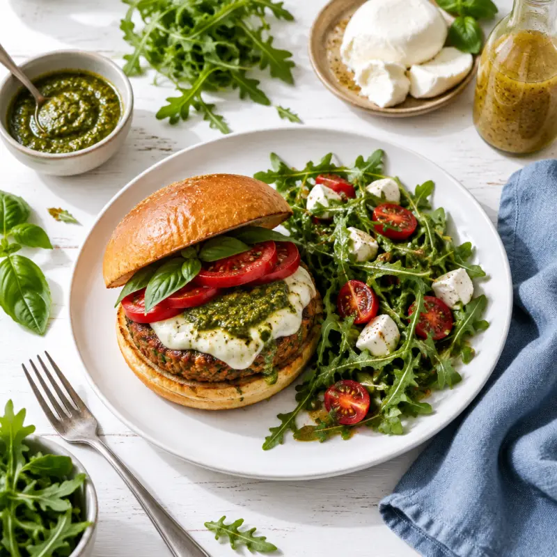 Caprese Veggie Burger with Mozzarella, Basil Pesto & Arugula Salad, plated