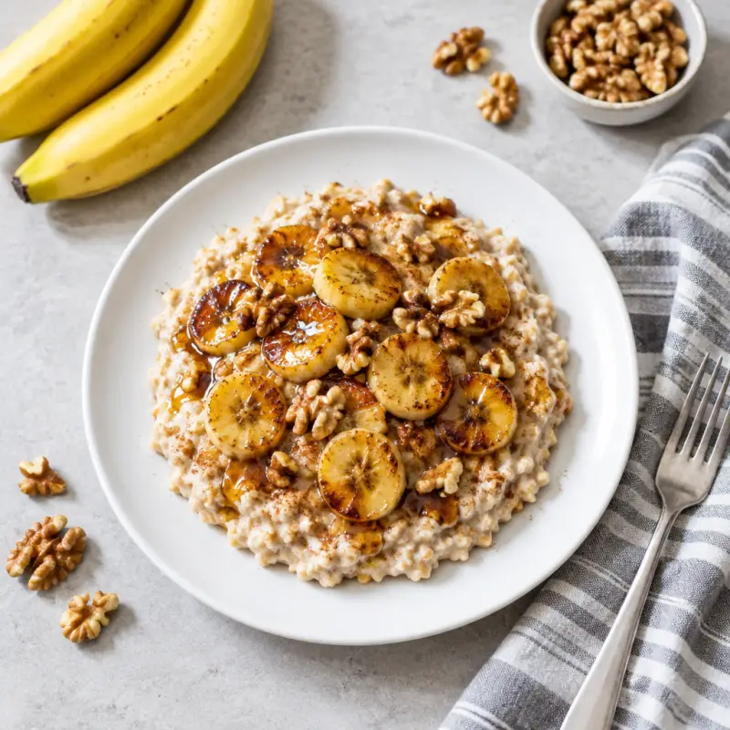Caramelized Banana & Walnut Oatmeal, plated