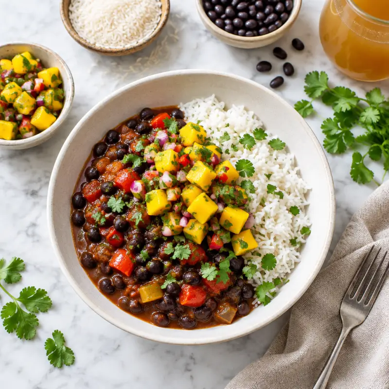 Caribbean Black Bean Stew with Mango Salsa & Rice, plated