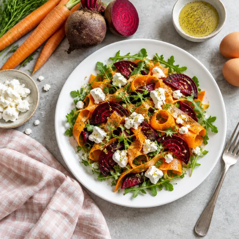 Carrot, Beet & Goat Cheese Salad with Lemon Poppy Seed Vinaigrette, plated