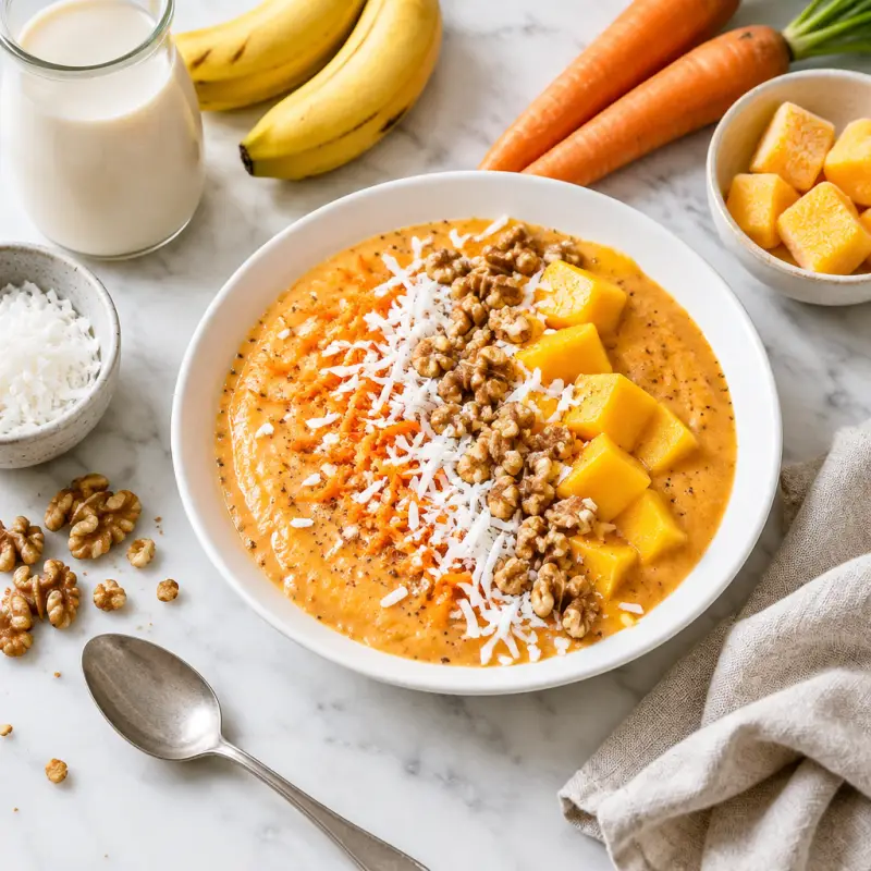 Carrot Cake Smoothie with Mango, Coconut & Walnuts, plated