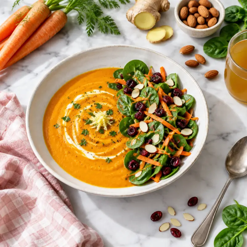 Carrot Ginger Soup with Cranberry-Almond Salad, plated