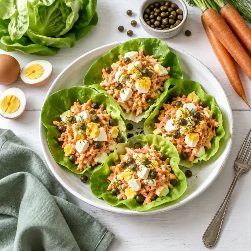 Carrot Salad Lettuce Wraps with Hard-Boiled Eggs, Mayo & Capers, plated