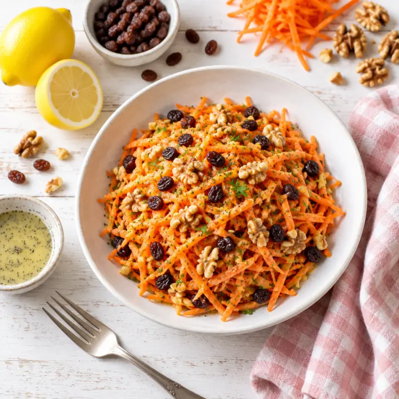 Carrot Salad with Walnuts, Raisins & Lemon-Poppy Seed Dressing, plated