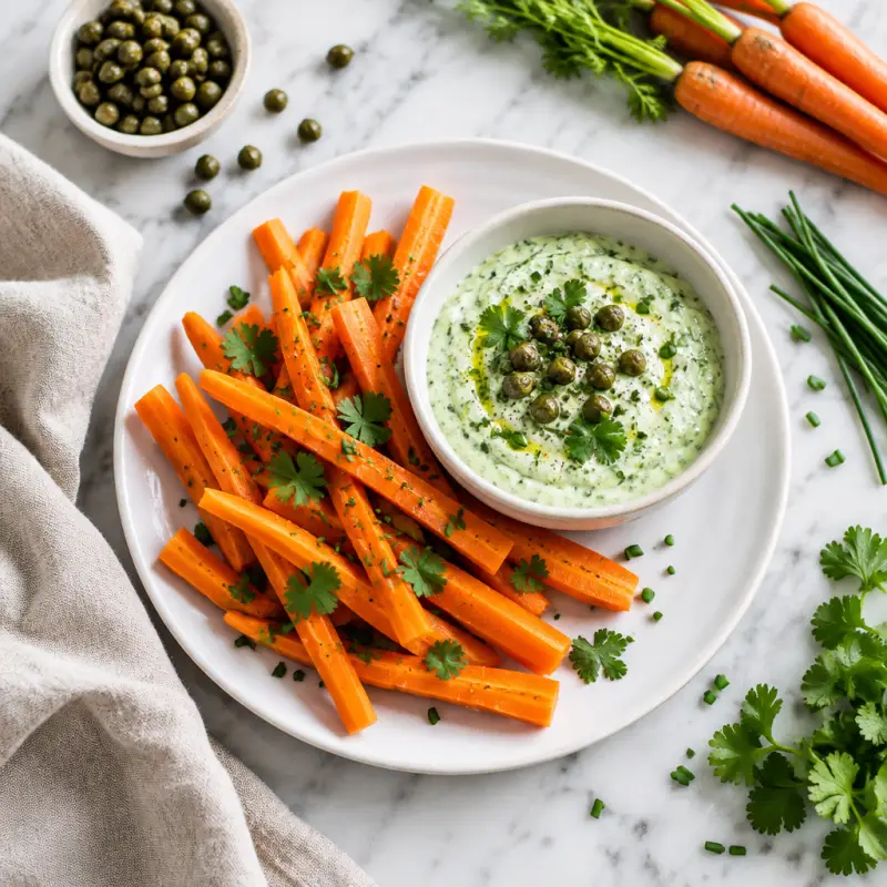 Carrot Sticks with Green Goddess Yogurt Dip, plated
