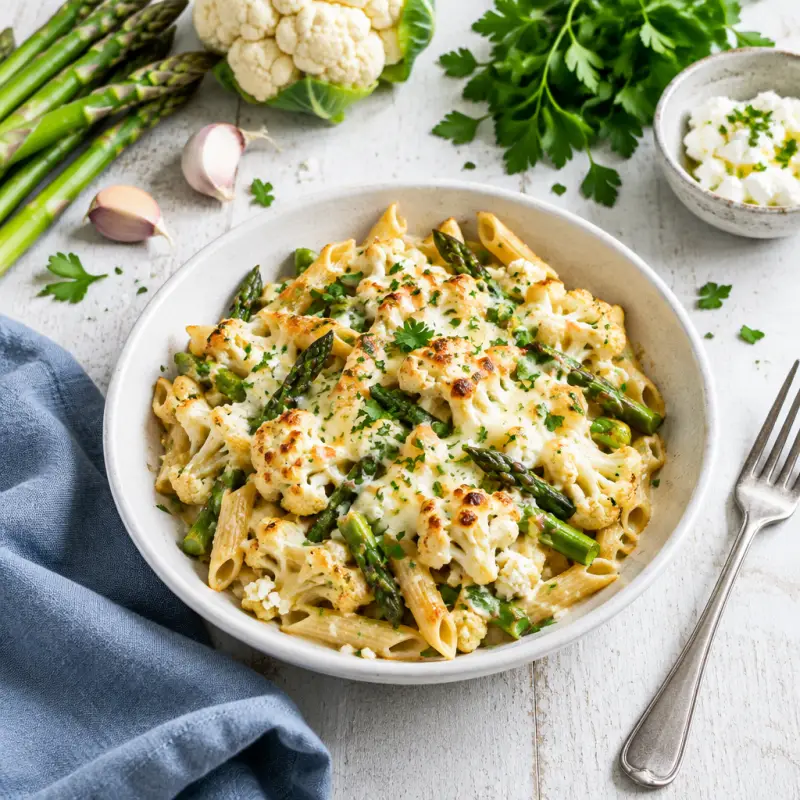 Cauliflower-Asparagus Baked Penne with Ricotta, Mozzarella & Parsley, plated