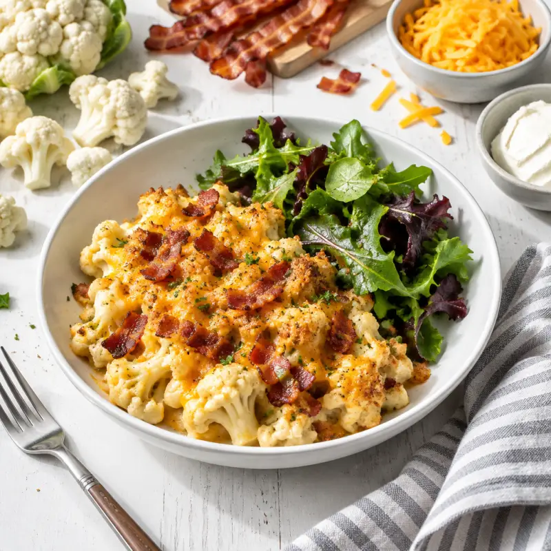 Cauliflower-Bacon "Mac & Cheese" Gratin with Mixed Greens, plated