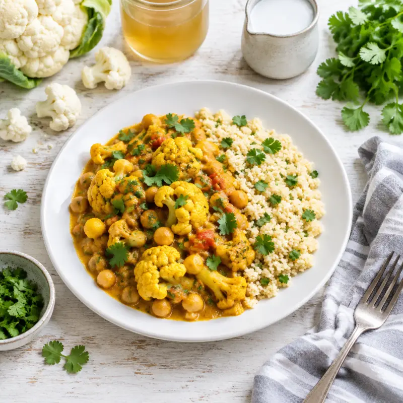 Cauliflower & Chickpea Coconut Curry with Couscous, plated