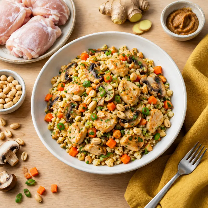 Cauliflower "Fried Rice" with Chicken, Mushrooms, Carrots & Peanuts, plated