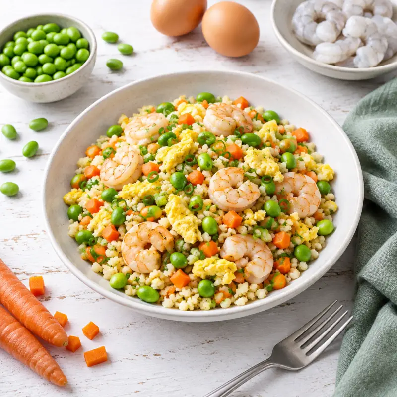 Cauliflower "Fried Rice" with Shrimp, Egg, Edamame & Carrot, plated