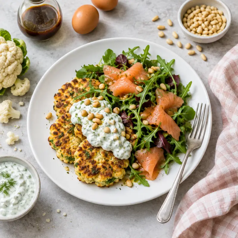Cauliflower Fritters with Tzatziki, Smoked Salmon, Greens & Pine Nuts, plated