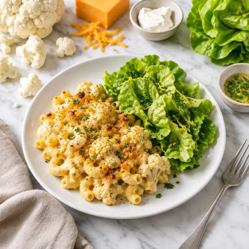 Cauliflower Macaroni & Cheese with Lemon-Parsley Butter Lettuce Salad, plated