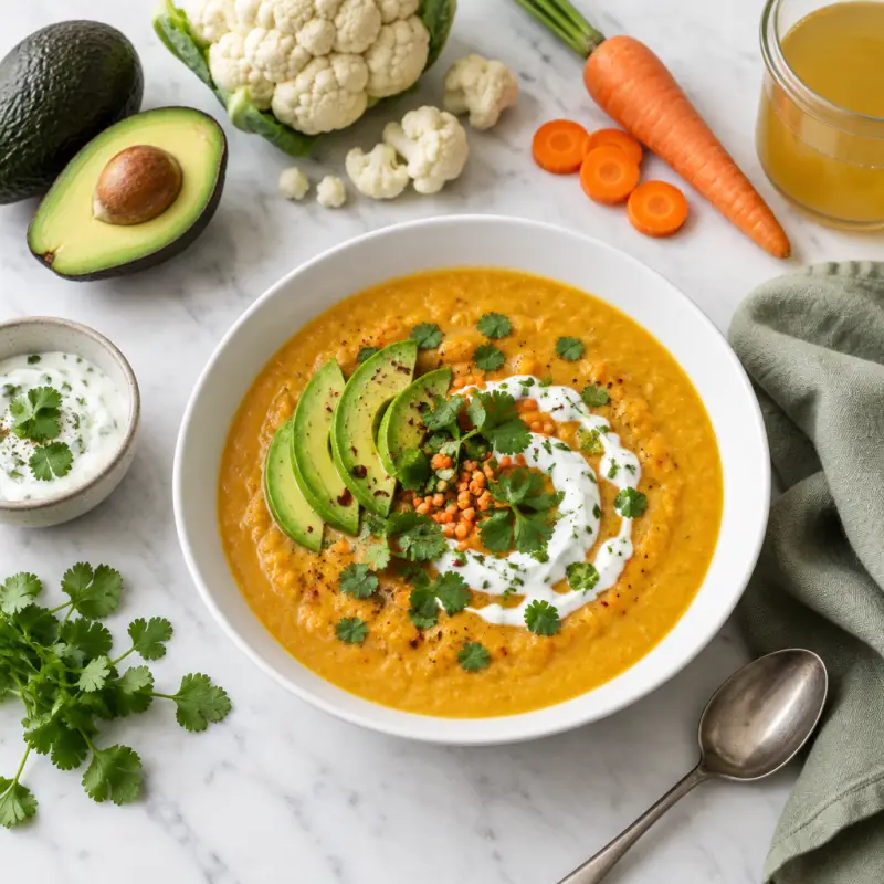 Cauliflower & Red Lentil Soup with Avocado and Cilantro Yogurt, plated
