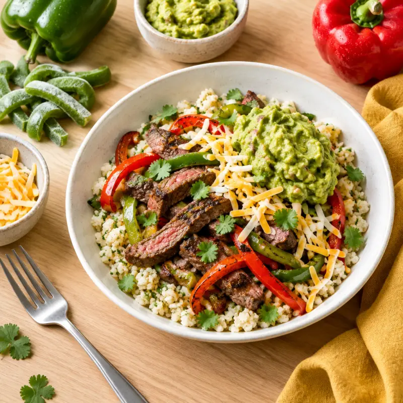Cauliflower Rice Burrito Bowl with Steak, Peppers, Guacamole & Cheese, plated