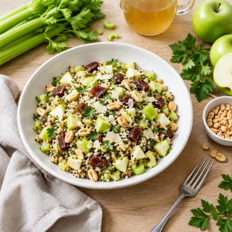 Celery-Apple Quinoa Salad with Peanuts, Dates, Parmesan & Parsley, plated