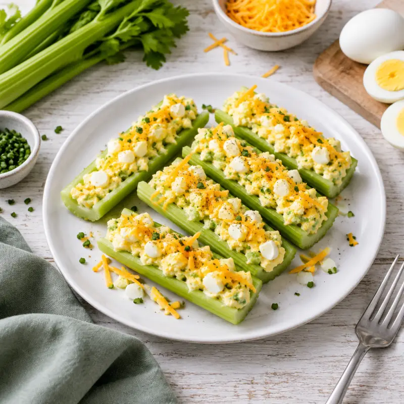 Celery with Hard-Boiled Egg & Cheddar Cheese Filling, plated