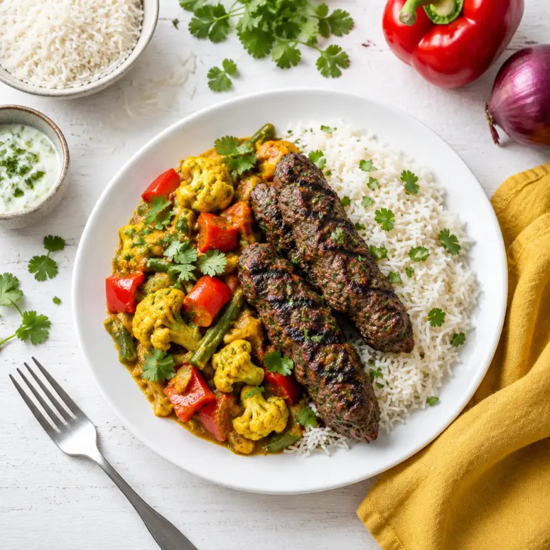 Charbroiled Beef Kebabs with Curried Vegetables & Basmati Rice, plated