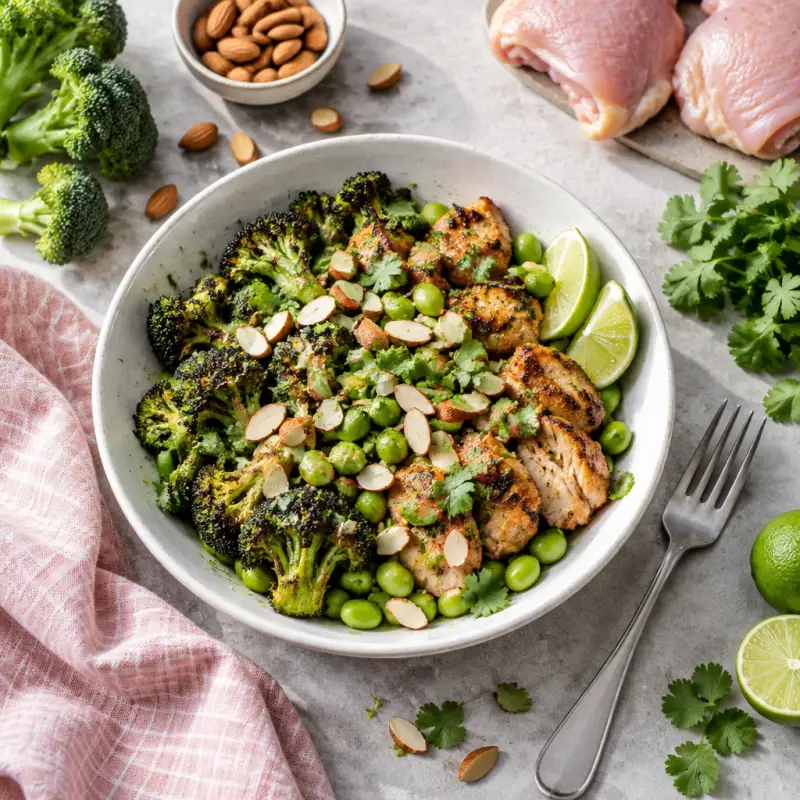 Charred Broccoli Bowl with Chicken, Edamame, Almonds, Cilantro & Lime, plated