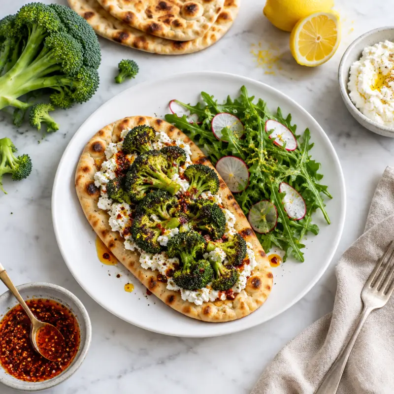 Charred Broccoli Flatbread with Lemony Ricotta, Chili Honey & Salad, plated
